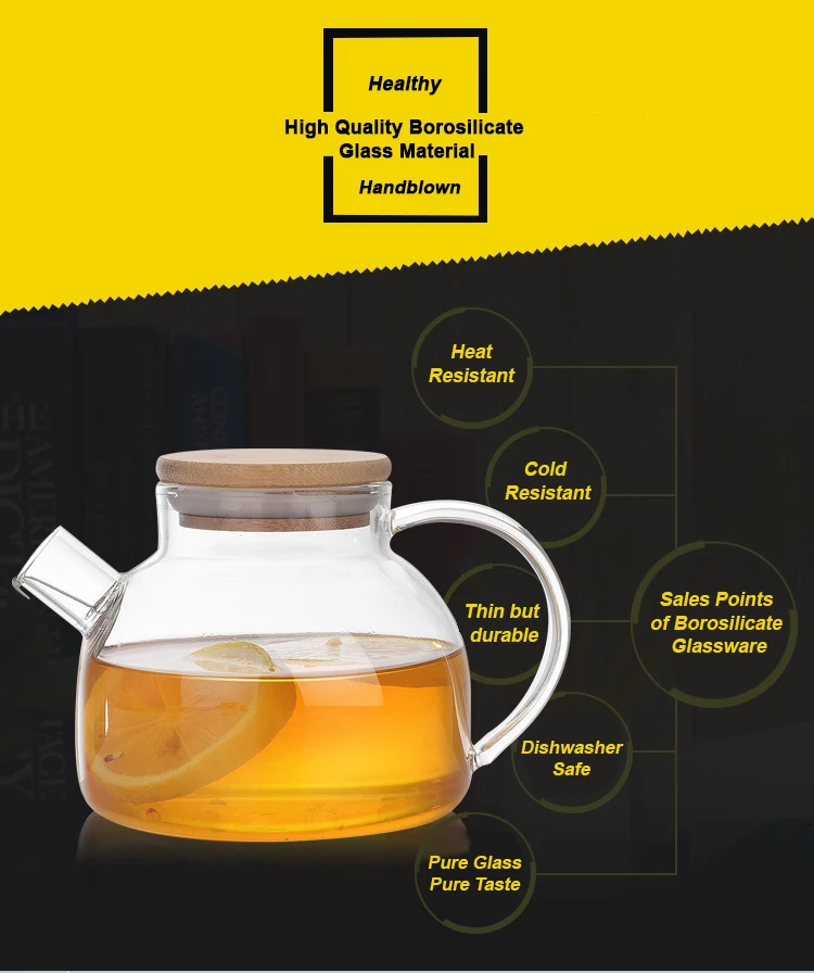 Heat Resistant Handmade Borosilicate Bamboo Lid Glass Teapot With Tea