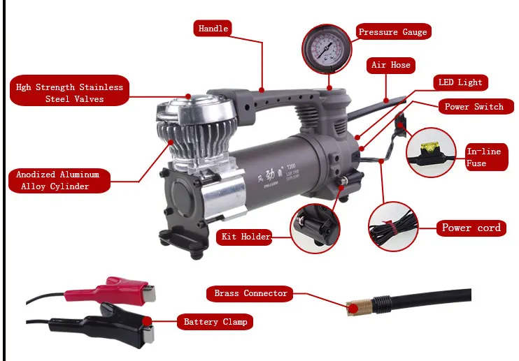 12V High Performance Car Air Compressor  with battery clamps