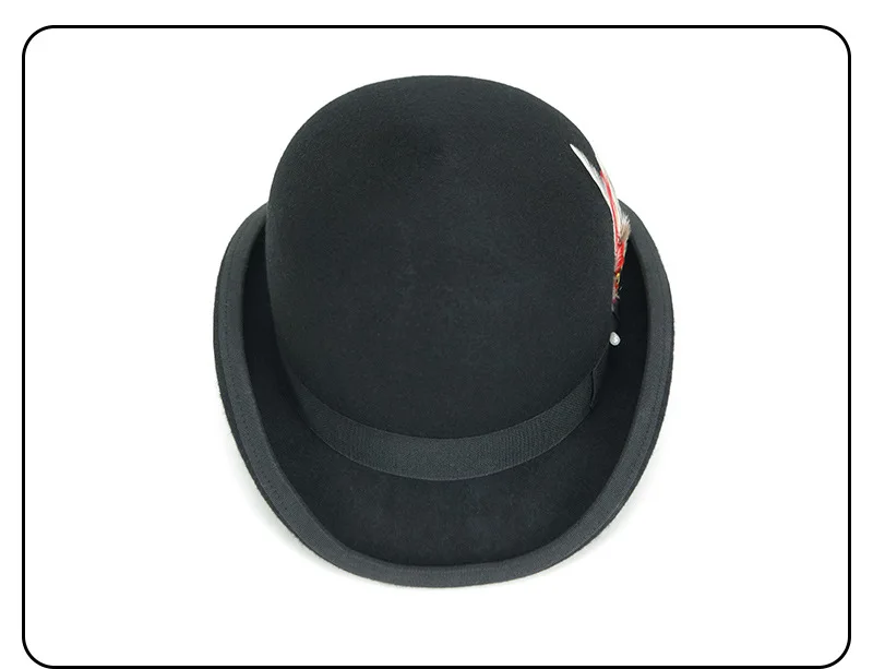 
High Quality America Music Festival Black Hard Wool Felt Bowler Hat with Feather 