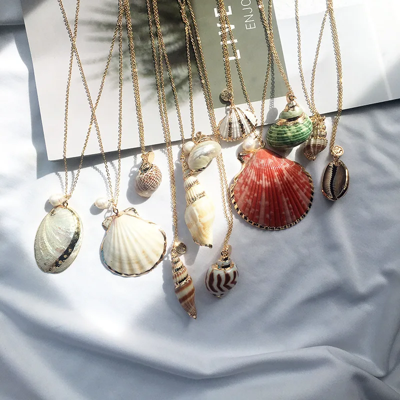 

2019 summer gold natural seashell necklace marine animal shell necklace sea cowrie mussel conch starfish pendant charm necklace, Picture