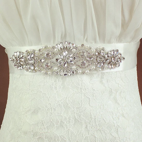 

hot sale OEM crystal applique designs lace trimming beaded luxury pearl decorative wedding dress sashes, White