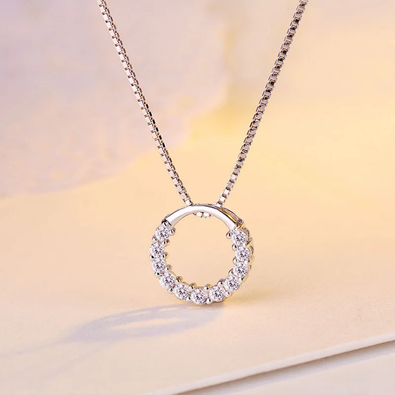 

New Fashion Jewelry 925 Sterling Silver Circle Pendant Necklace Geometric Cubic Zirconia Hollow Ring Pendant Necklace For Women