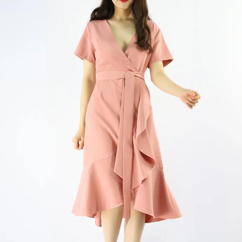 

Women clothing manufacturers factories vintage v neck casual party work wrap dress, Red;green;pink