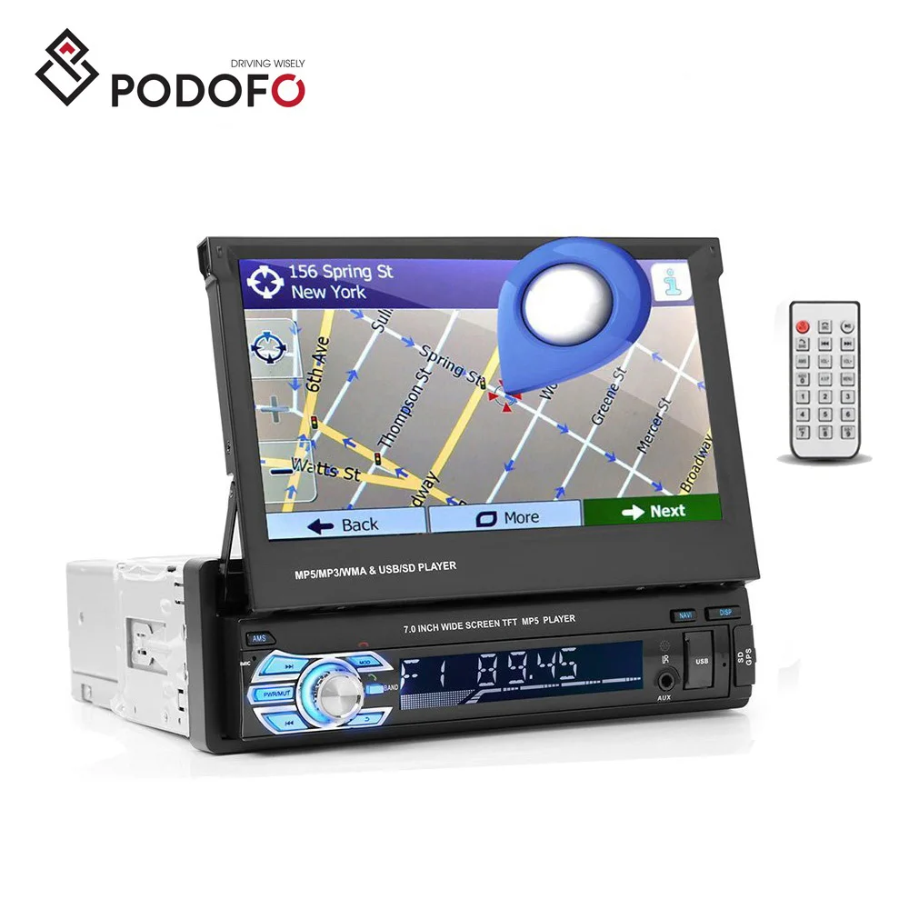 

Podofo 1 Din GPS Autoradio with 7" Retractable Touchscreen Car Stereo Radio 9601G AUX-IN BT/FM/USB/Remote Control