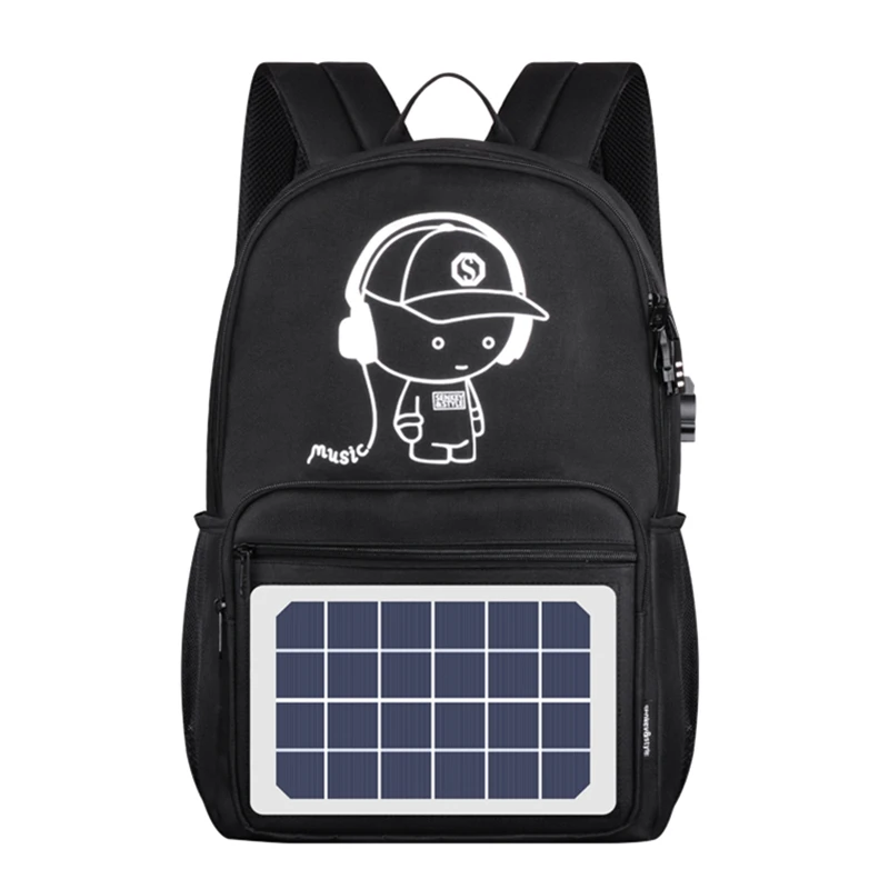 

Anti-Theft Business Laptop Bag Water Resistant Bookbag Luminous Logo Solar Charging Backpack With USB Charger, Black