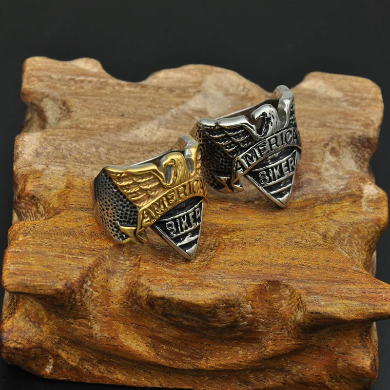 

Punk Gothic Two Tone Biker Eagle Stainless Steel Rings for Men, Gold /silver