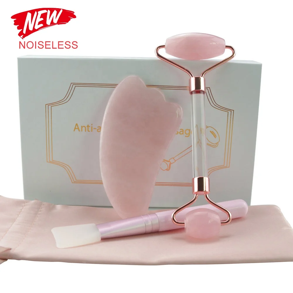 

Acrylic Handle Rose Quartz Jade Roller For Face Mask Brush and Jade Roller Set, Pink, rose quartz