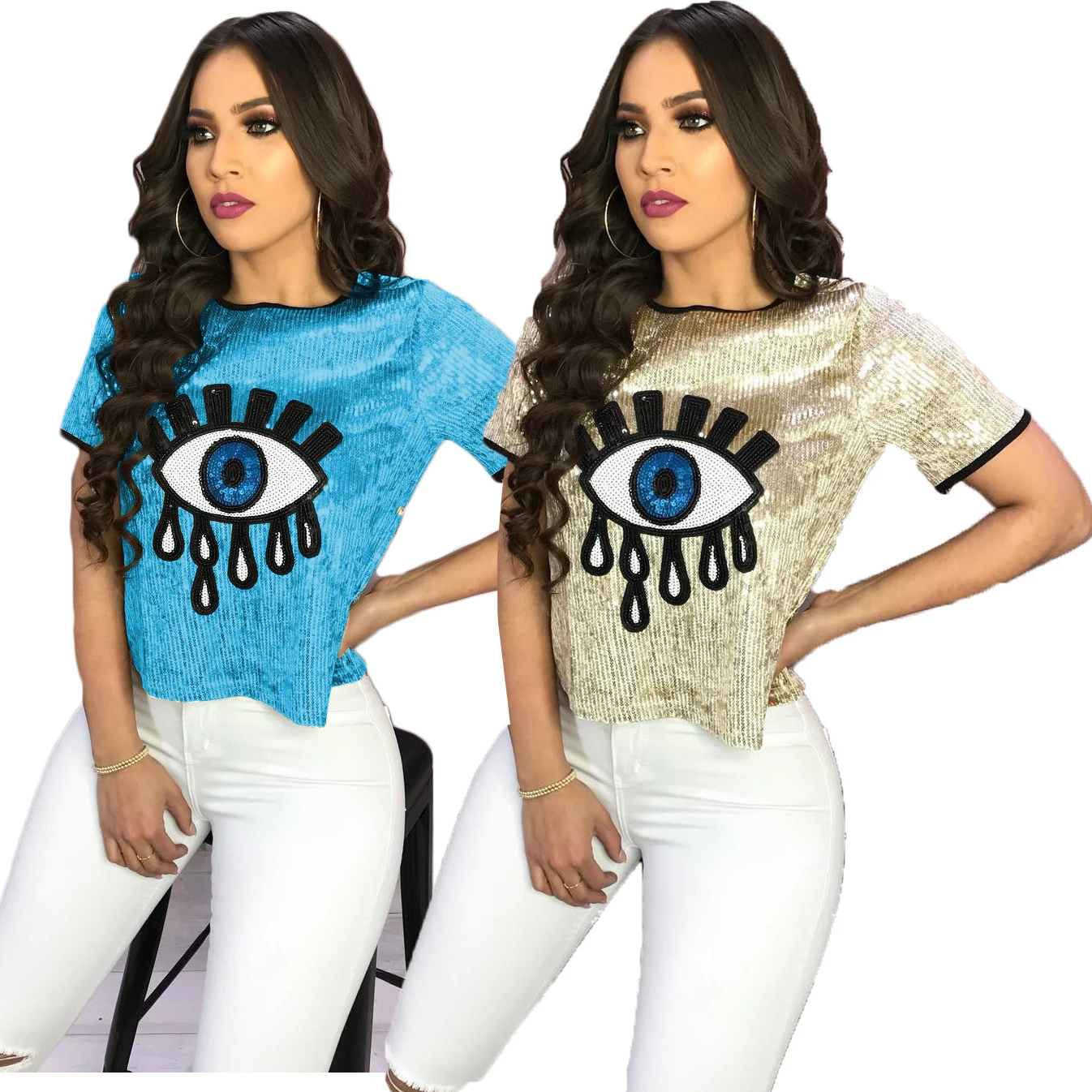 2019 Women Top T Shirts Tops Blouses Summer  Shiny Sparkle Woman Sequin Tops