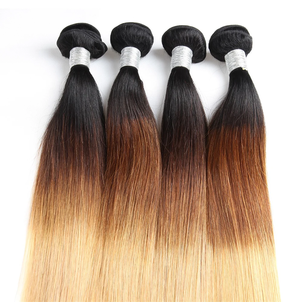 

May Queen ombre three tone T1b/4/27 straight brazilian human hair weave bundles with lace closure