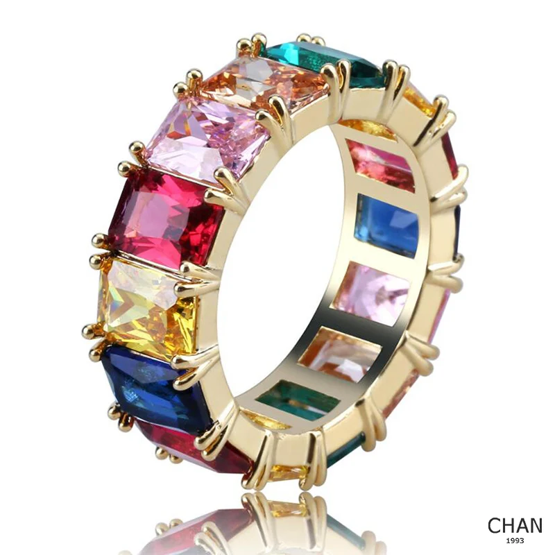 

2018 fashion jewelry colorful cz rainbow color mix color stone baguette cubic zirconia engagement eternity rainbow stone ring, Gold