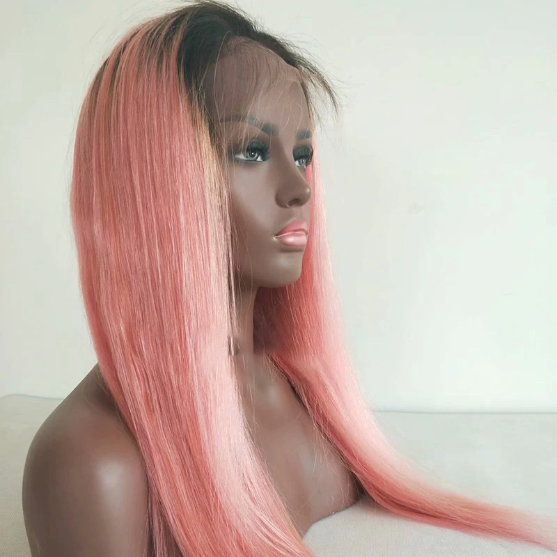 1b Pink Human Hair Wigs Ombre Pink Lace Front Wig Long Light Pink Wig