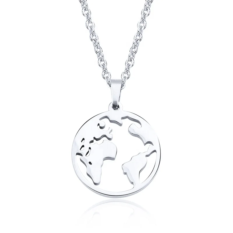 

Trendy Jewelry Stainless Steel Chain Round Circle Pendant Globe Necklace World Map Necklace, Silver, rose gold