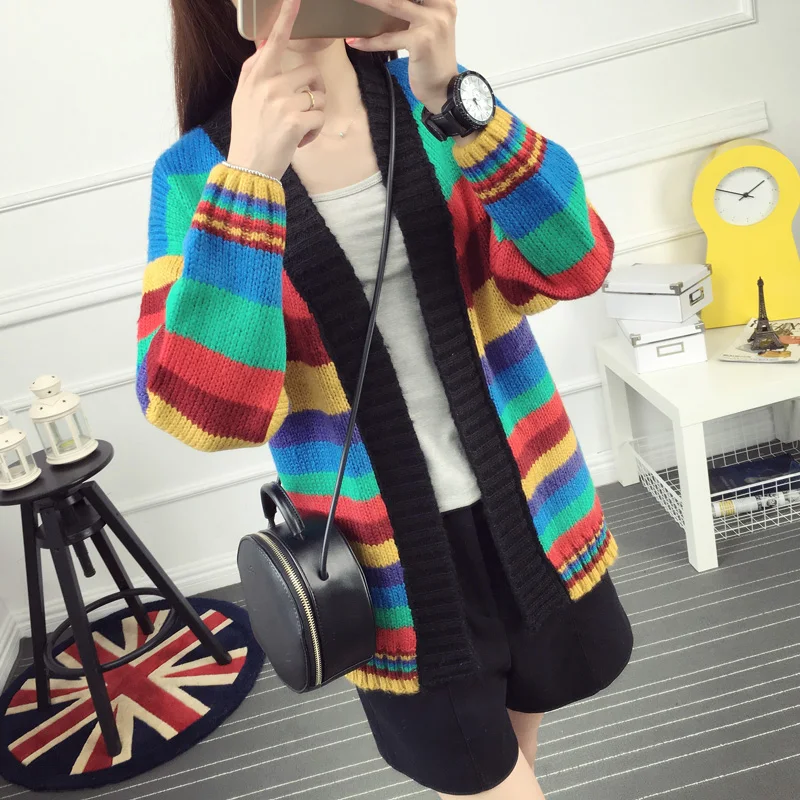 2016 sweater female loose medium long cardigan outerwear all match stripe autumn and font b winter