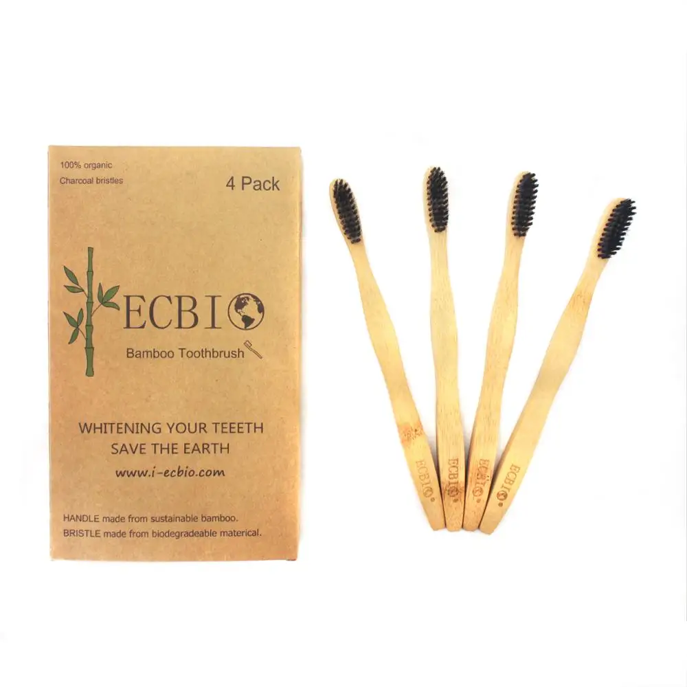 

4 pack bamboo toothbrush with black soft nylon wavy bristles, Natural bamboo color