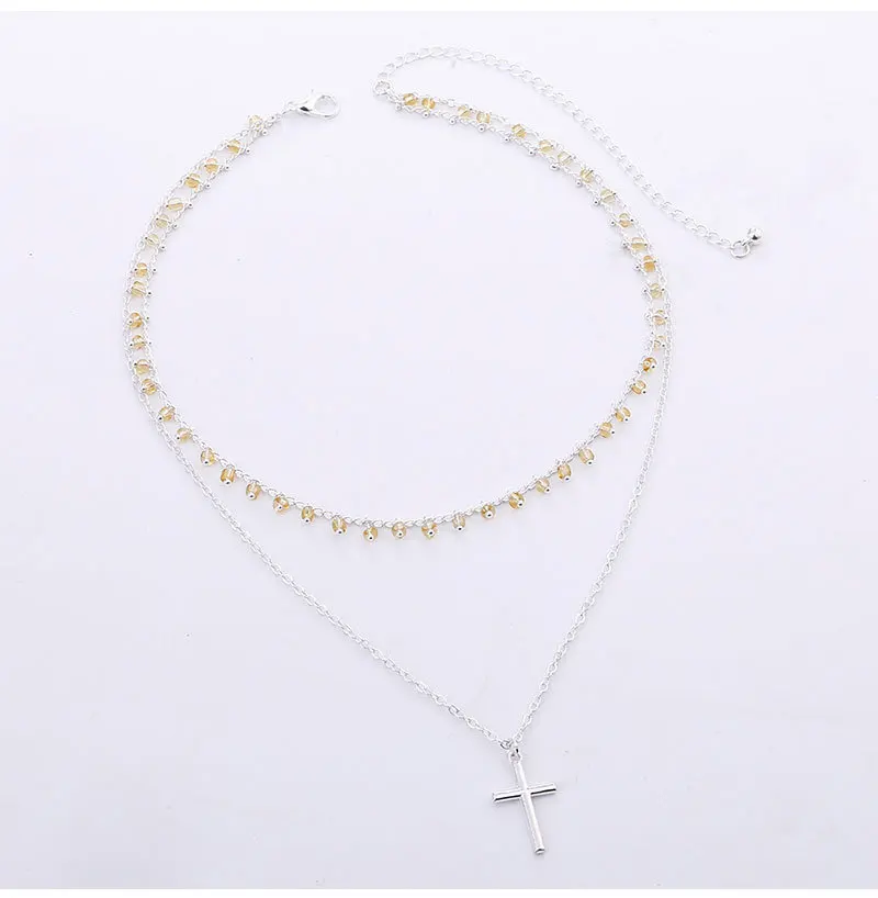 Latest Design Gold Glass Beads Chain Multilayer Cross Pendant Necklace For Women