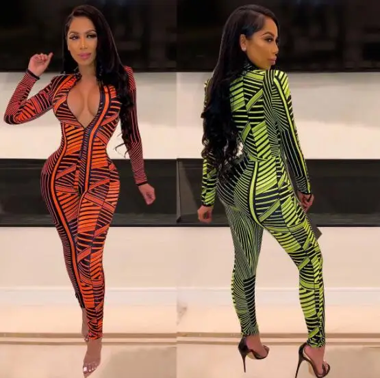 Latest Design long sleeve front zipper women striped neon floral bodycon adult custom printed one piece jumpsuit