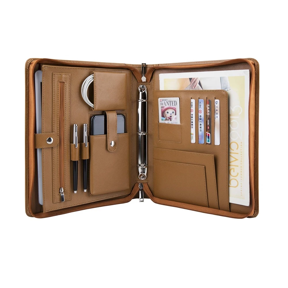 
Document Padfolio Personalized Business Brown Zipper File Folder Business PU Leather A4 Portfolio  (60827301374)