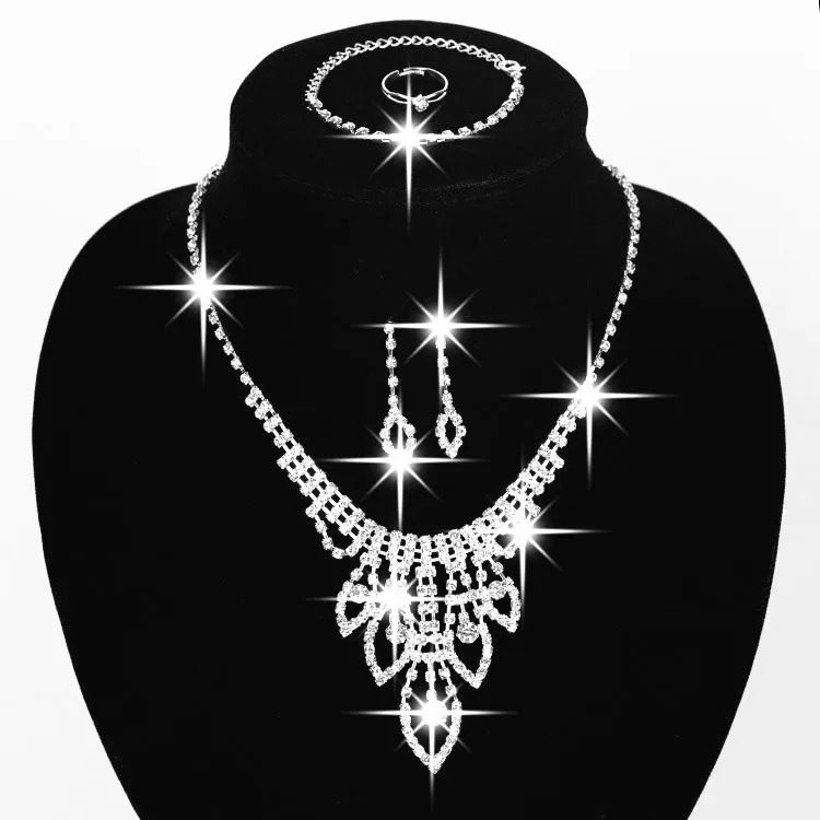 

Wholesale Wedding Crystal Diamond Necklace Bracelet Ring Earring 4PCS/ Set Jewelry, Silver