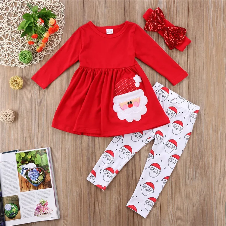 

Christmas baby girl clothes set, long sleeve cheap Santa Claus print dress+pants kid girl clothing outfit