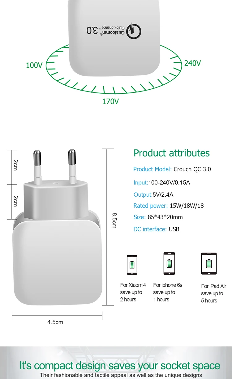 QC 3.0 Turbo Wall Fast Charging Adapter Mobile Phone Charger For iphone X Samsung Xiaomi mi9 USB Charger Quick Charge 3.0
