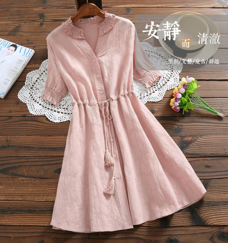 

Spring Autumn Vintage Women Long Sleeve Belt Vestido Cotton Linen Dress Casual Loose Ladies Work Long Shirt dress, Can be customized