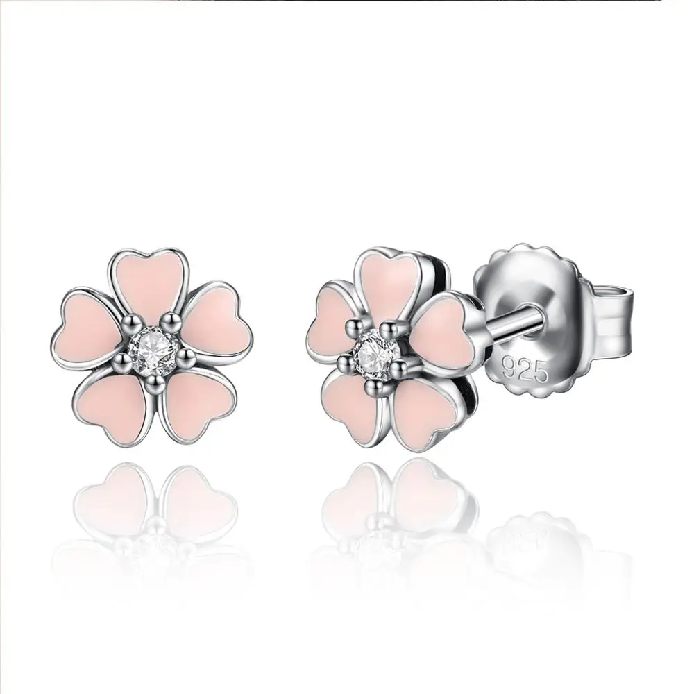

Fashion S925 Sterling Silver CZ Diamond Cherry Blossom Enamel Stud Earrings For Women, Pink