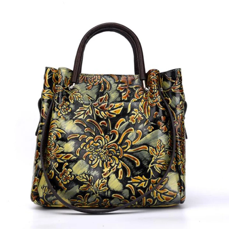 

Genuine Leather Stylish Woman Handbags Designer Folk Custom Print Embossed Cow Leather Skin Lady Tote Shoulder Bag