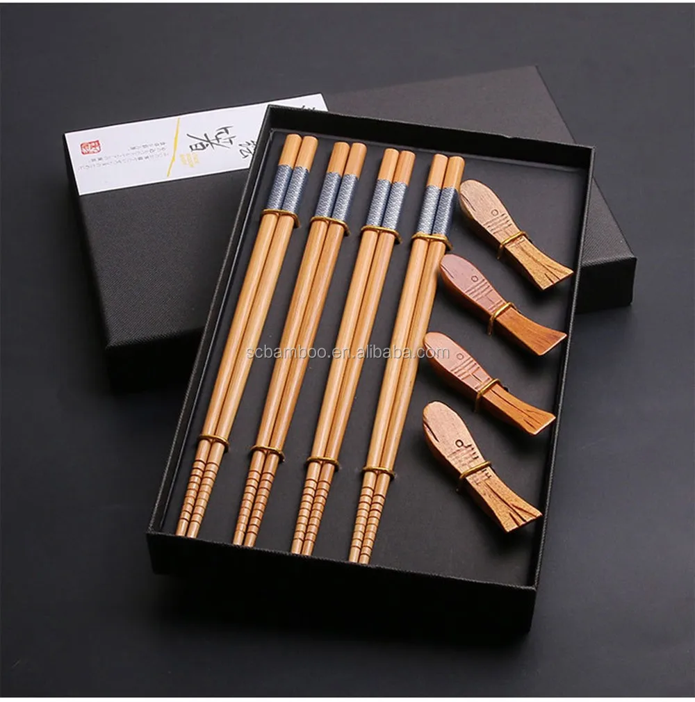 Reusable Bamboo Chopsticks And Chop Sticks Holder Rest Gift Set
