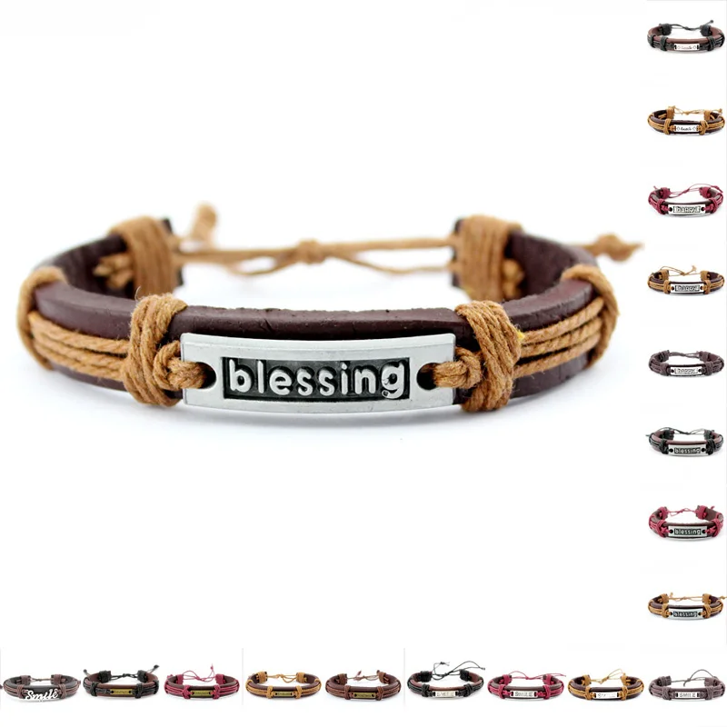 

New Fashion Making Rope Friendship Smile Happy Blessing Luck Kindness Charm Genuine Leather Wrap Cuff Bracelets, Silver plated