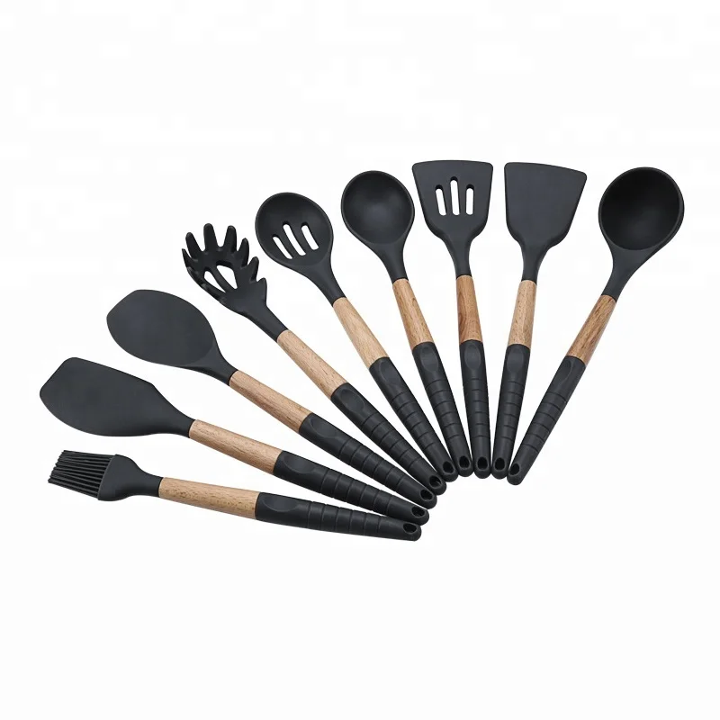 

Silicone Kitchen Utensil 9 Piece Cooking Set With Wooden Handle
