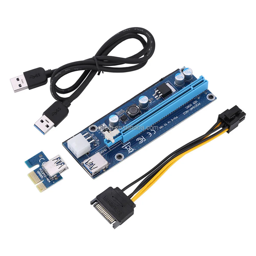 

6pin Powered Supply Cord PCI E PCI-E 1x to 16x USB 3.0 Extender Riser Adapter Graphics Card with SATA Cable, Black;blue