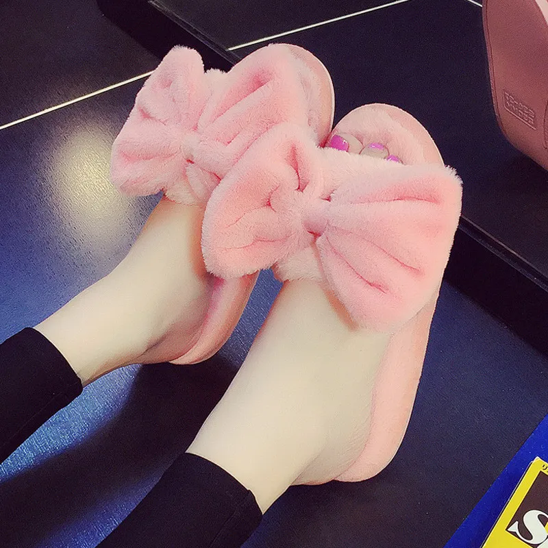 

YS35 2021 New Design New Arrival Fashion Spring Autumn Indoor Fabric Bowknot Women Fur Slippers Ladies Fur Slippers, Black , red,grey and customized