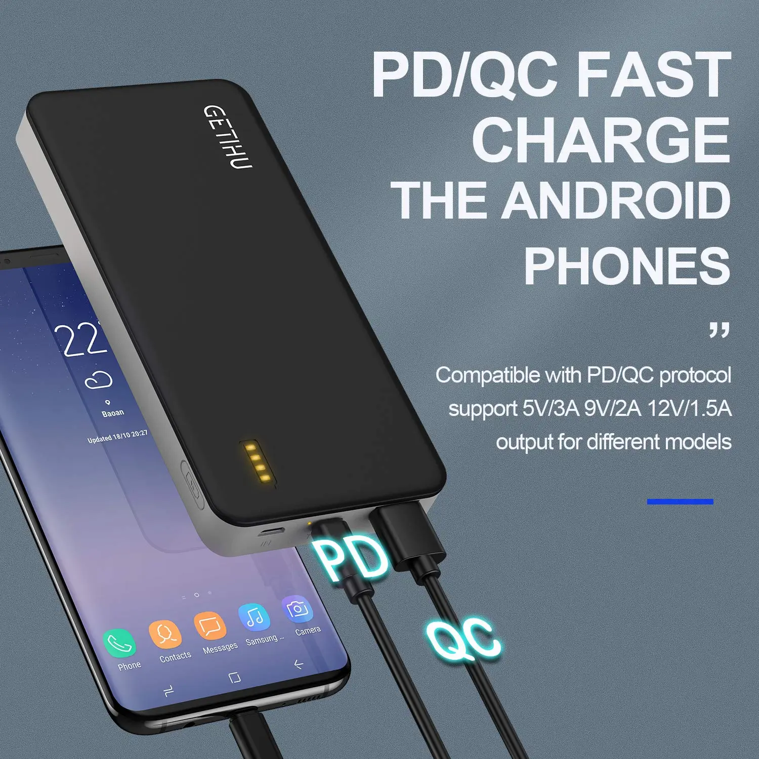 Getihu Pd Qc3.0 Fast Charge Portable Charger 10000mah Quick Charge Power Bank 18w Input & Output