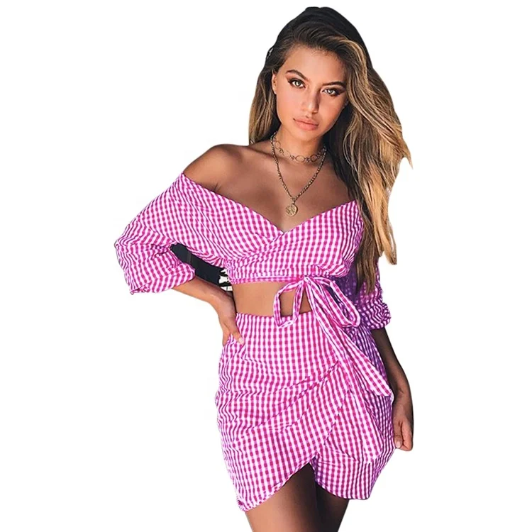 

Printed v neck mini long sleeve ruffle off shoulder 2 pieces set dress