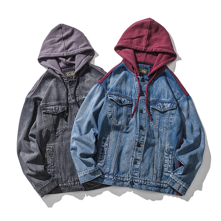 

Men Custom Fashion Acid Washed Splicing Loose Hoodie Denim Jacket Casual Jacket