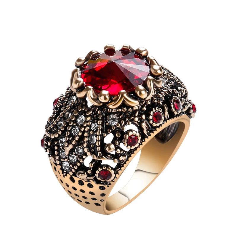 

YWMT Wholesale Luxurious Boho Big Crystal Gemstone Ring Vintage Gold Wedding Ring, Red/blue/green