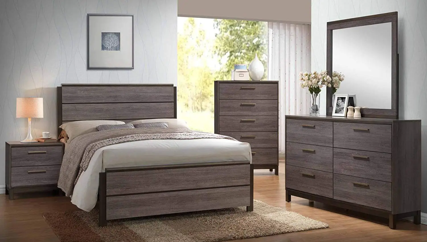 Buy Kings Brand Antique Grey Wood Bedroom Set Bed Dresser Mirror Chest 2 Night Stands King In Cheap Price On Alibaba Com