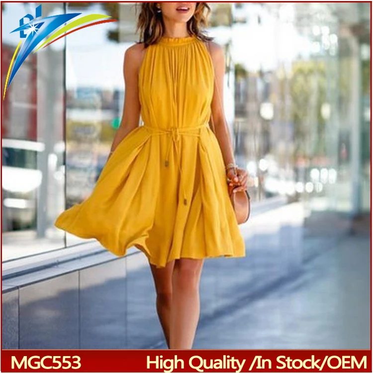 

cheap wholesale yellow summer dresses sleeveless women party yellow dress, Orange