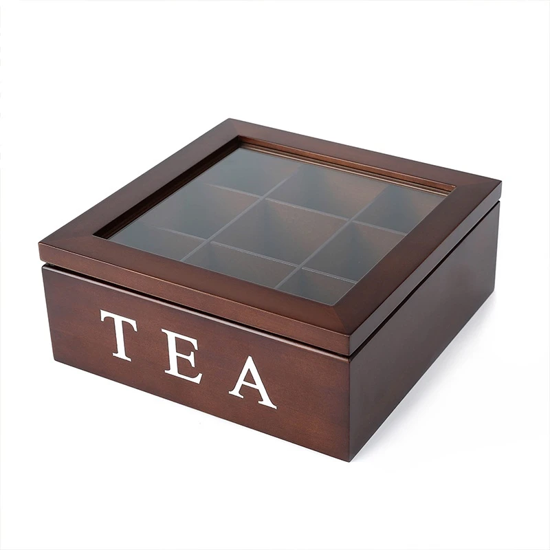 
Natural Oak Wooden Tea Boxes Wood Tea Bag Storage Box 9 Compartments 