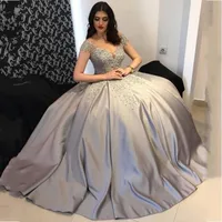 

Custom Made Beaded Sheer Sleeves Lace Appliqued Silver Gray Prom Gowns Evening Dress for Women