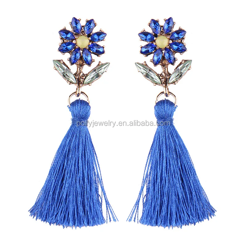 

2019 New Royal Blue Crystal Handmade Cheap Bohemian Flower Earrings Boho Jewelry Long Tassel Earrings, Pink;red;black;blue