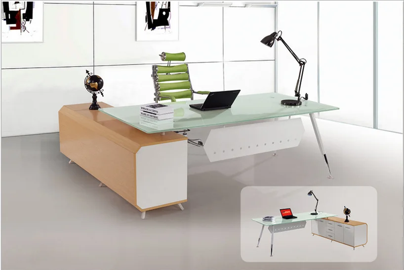 Glass Office Table Corner L Shape Desk With Drawer And Bookshelf