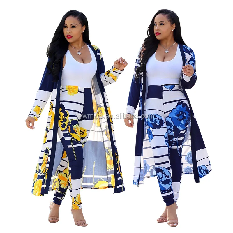 

MY05 2019 spring fashion women cardigan with pants outfits floral strip pattern knitted chiffon set ladies outfits clothing set, Picture show