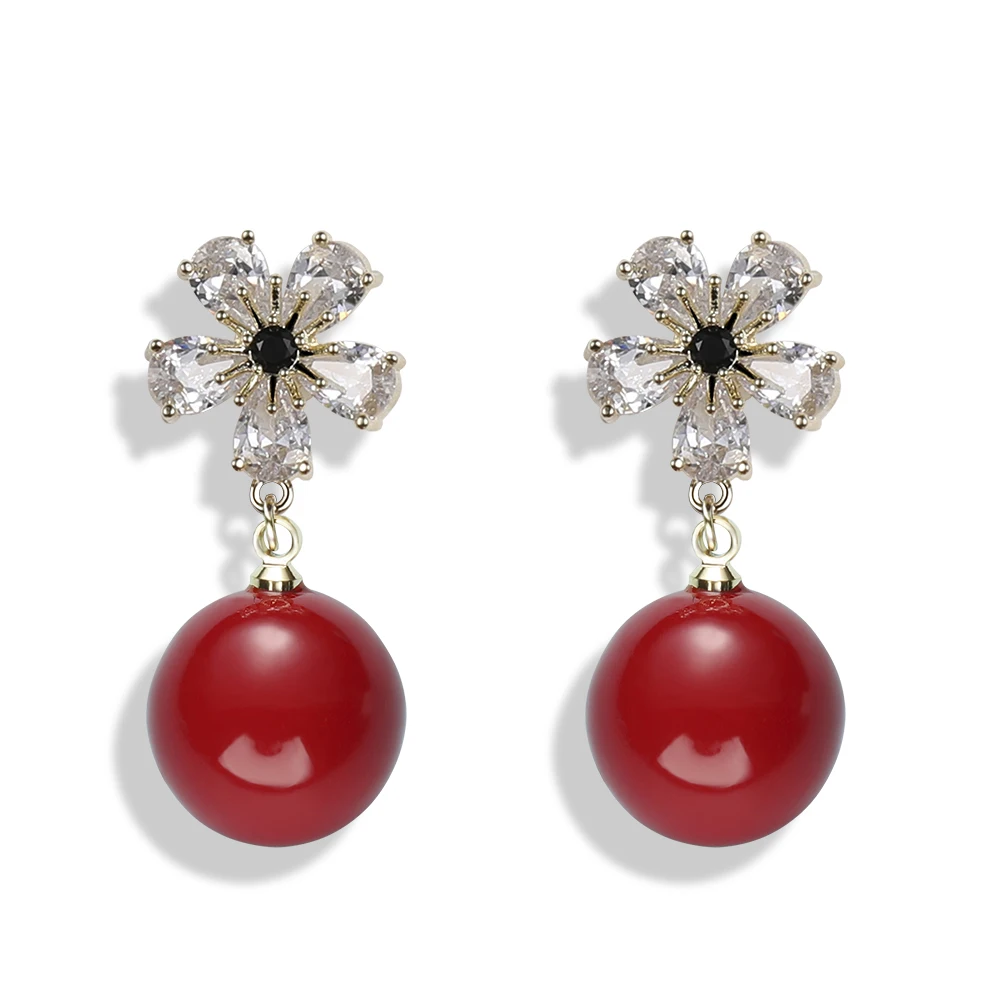 

925 sterling silver factory hot sale newest red pearl drop flower design earring for wedding or party