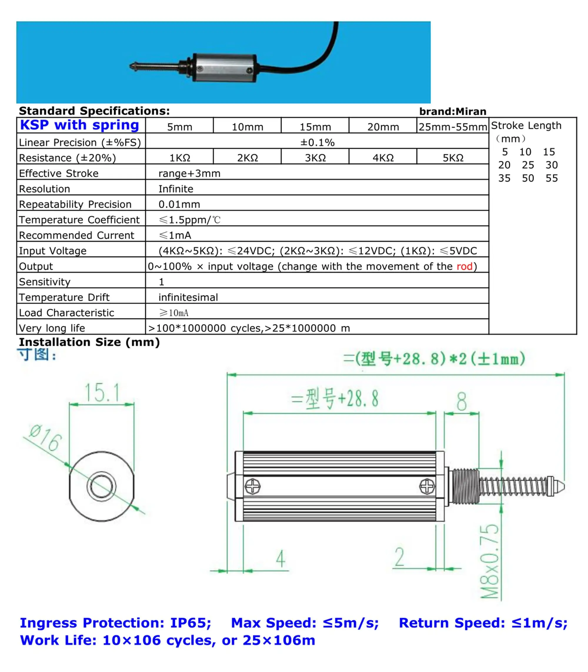 Miran Technology Ksp Self Return Spring Linear Potentiometer Position
