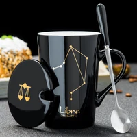 

HT300008 12 Constellations Ceramic Coffee Milk Mug with Spoon Lid Black and Gold Porcelain Zodiac Ceramic Cup