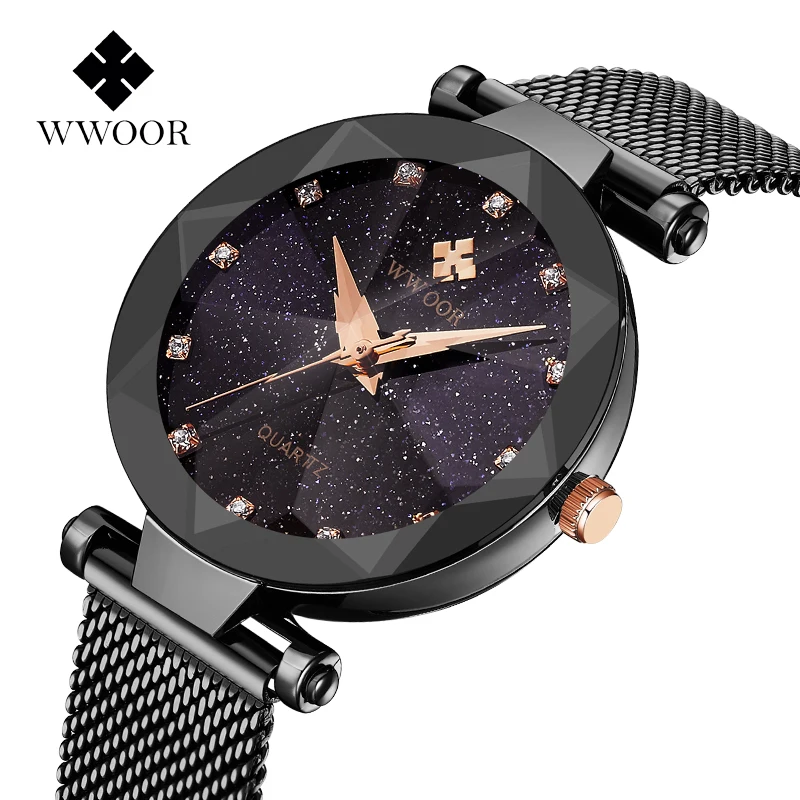 

WR-8869 style 2019 women starry dial mesh band quality timepieces best-selling rhombus-shaped glass ladies custom watch, Black;blue;purple;rose gold;gold