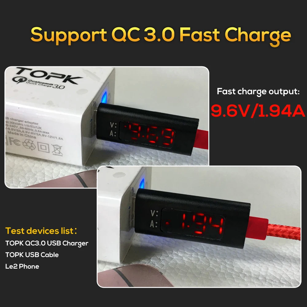 
Free Shipping TOPK AC27 1M(3.3ft) Nylon Braided Current Display USB Type C Cable 