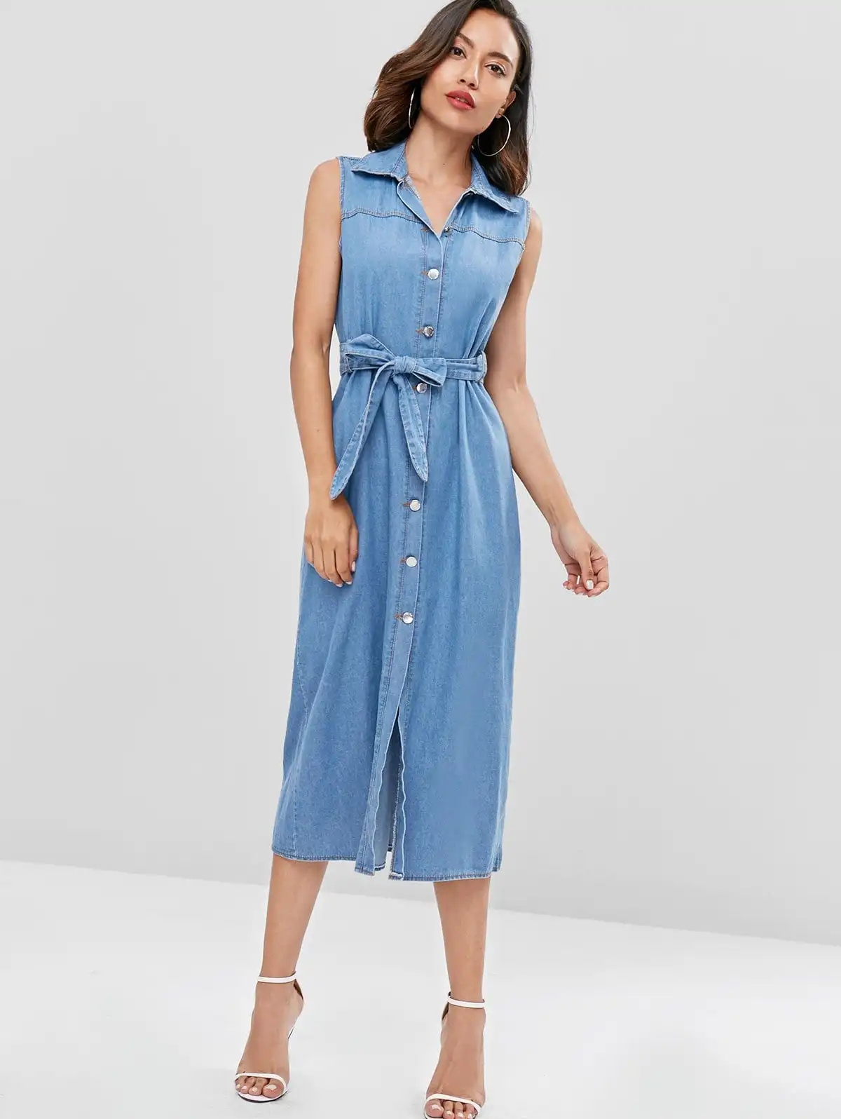 Summer Sleeveless With Blet Design Casual Dresses Length Denim Women Dresses for Lady