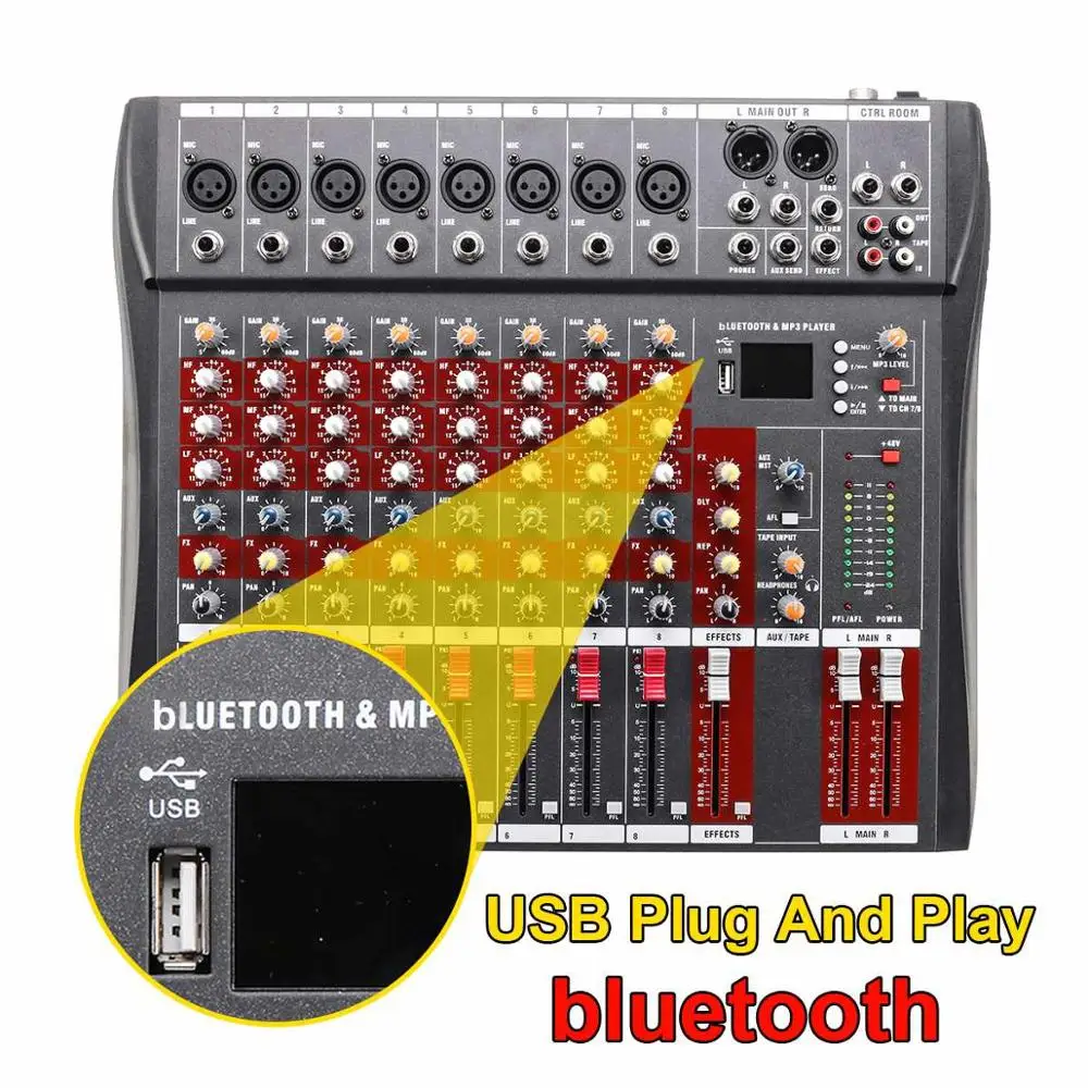 
Professional 8-channel audio DJ mixer with Bluetooth sound mixer audio karaoke phantom power 48V USB jack 